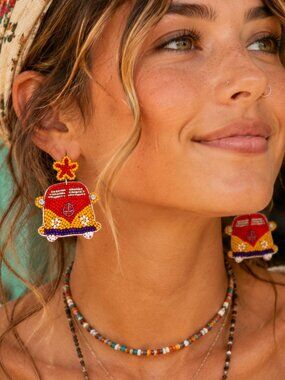 Retro 60's 70's VW Camper Bus Van Hippie Boho Seed Beaded Statement Earrings